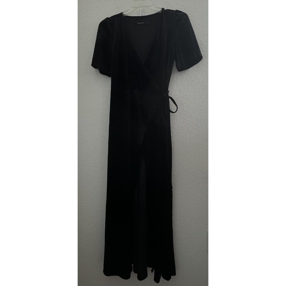 MEROKEETY Wrap Velvet Maxi Split Cocktail Dress M Black V Neck Bell Sleeve Witch